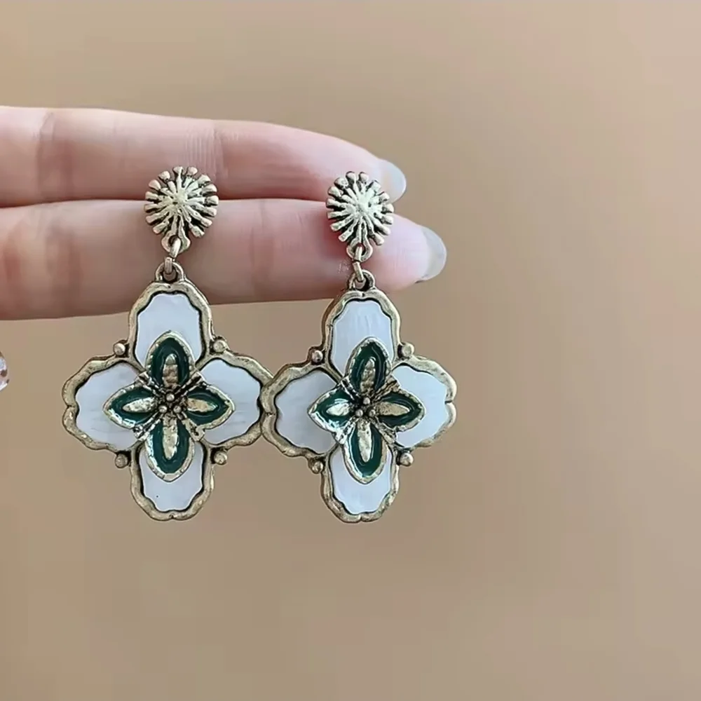 Vintage Gold & White Enamel Floral Drop Earrings with Green Accents - Picture 5 of 8